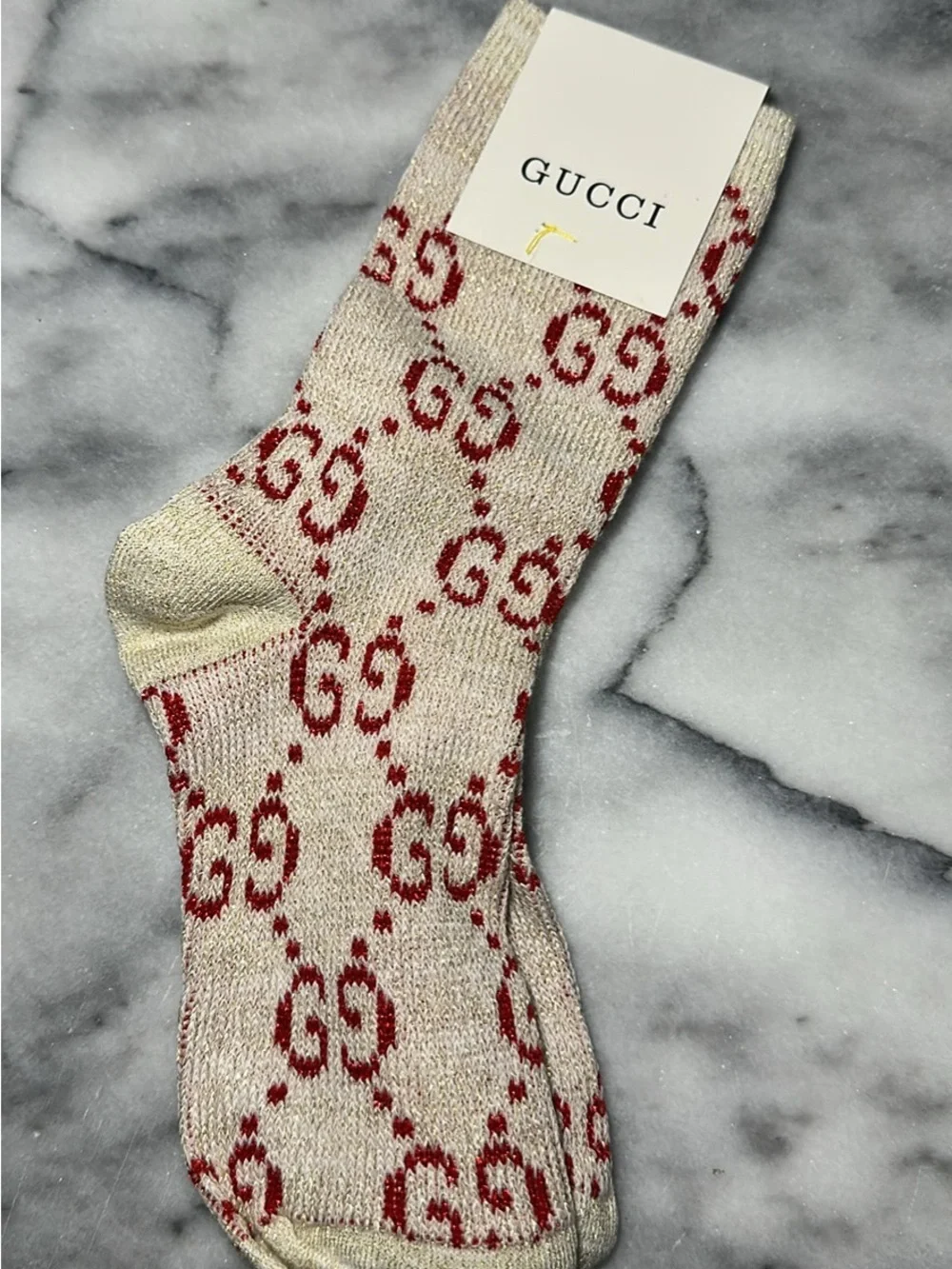 Gucci Beige Socks with Red GG Monogram